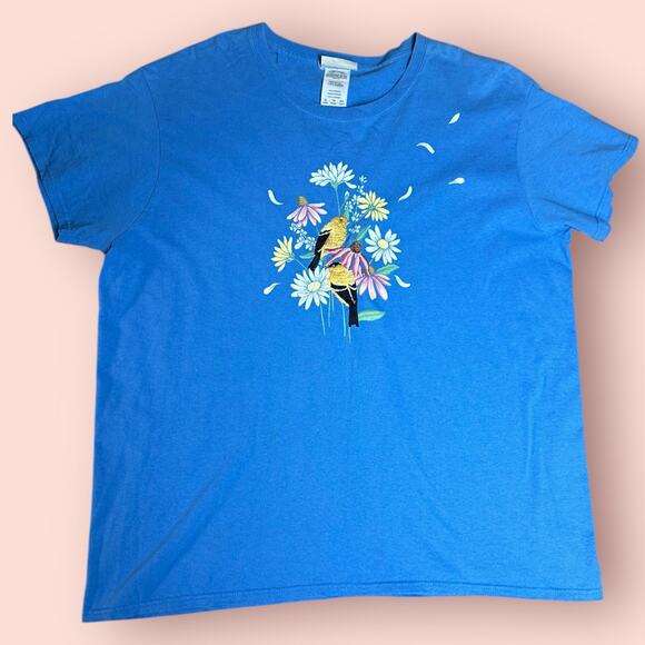 Vintage blue grandma core bird graphic embroidered T-shirt tee xl petals - Picture 1 of 4